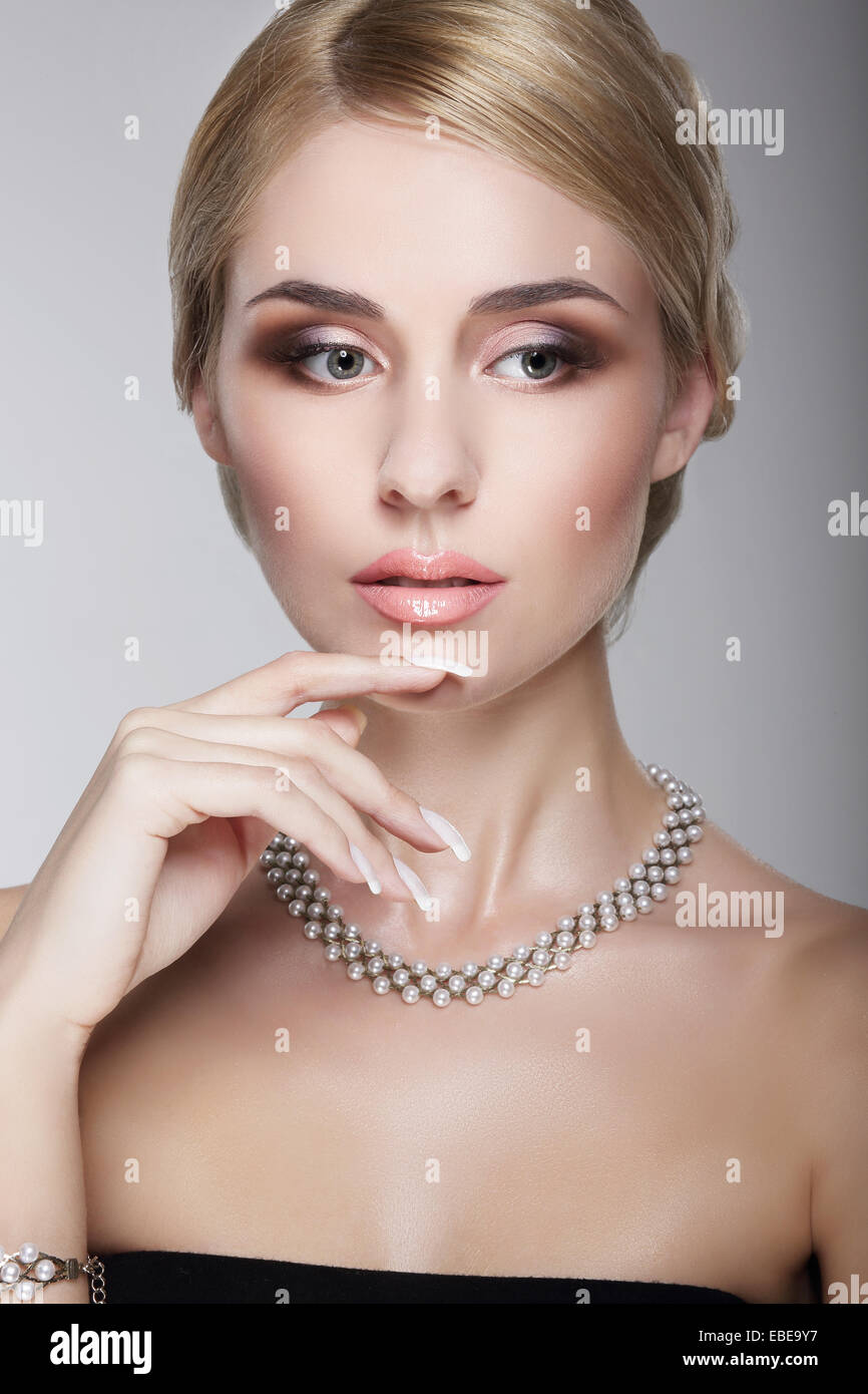 Sophisticated Aristocratic Posh Lady with Pearly Necklace Stock Photo