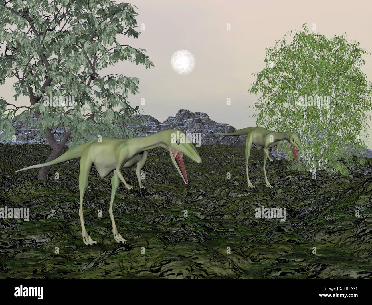 Two compsognathus dinosaurs standing in green landscape with trees Stock Photo