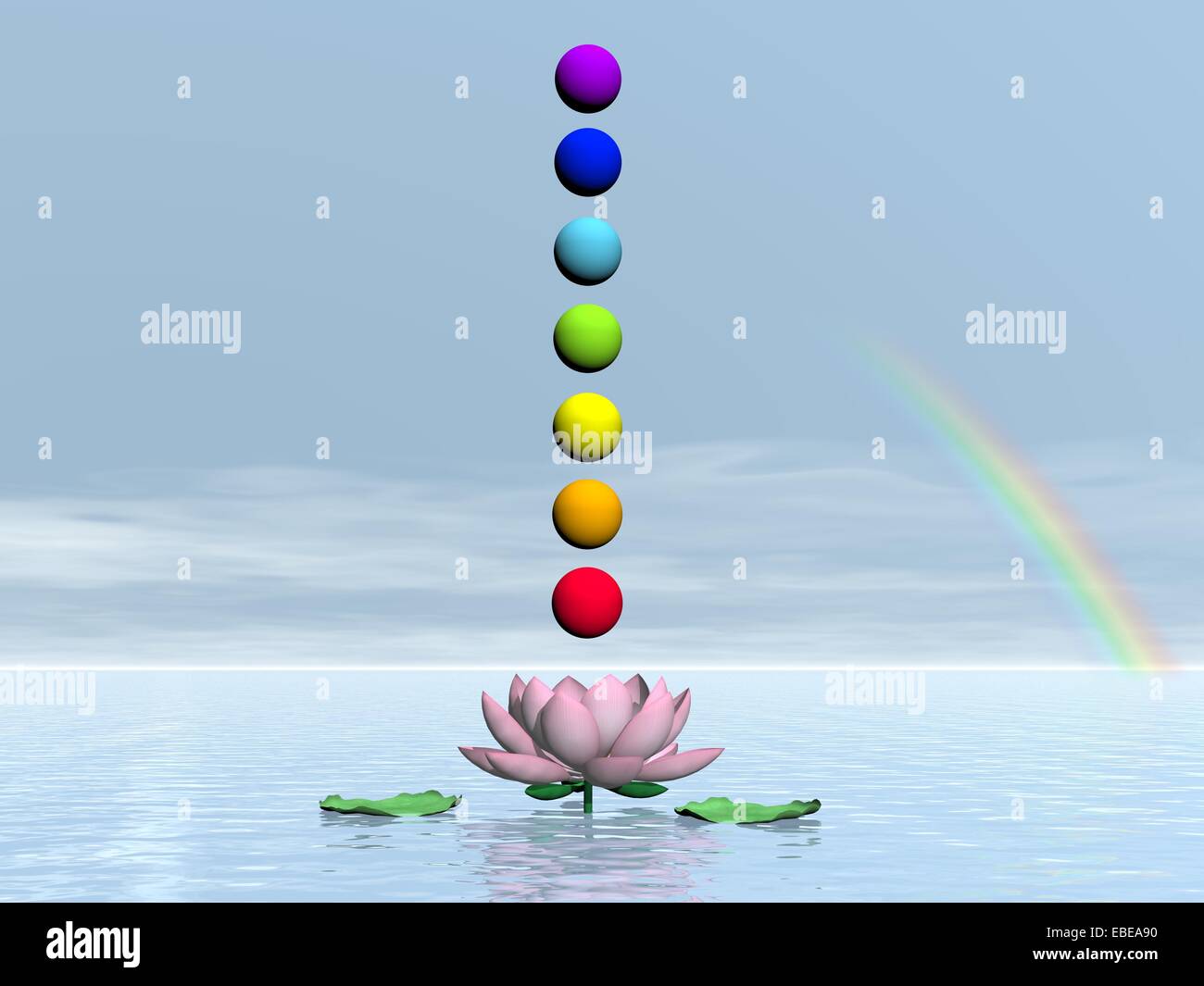 Colorful spheres for chakras upon beautiful lily flower and water by day with rainbow Stock Photo