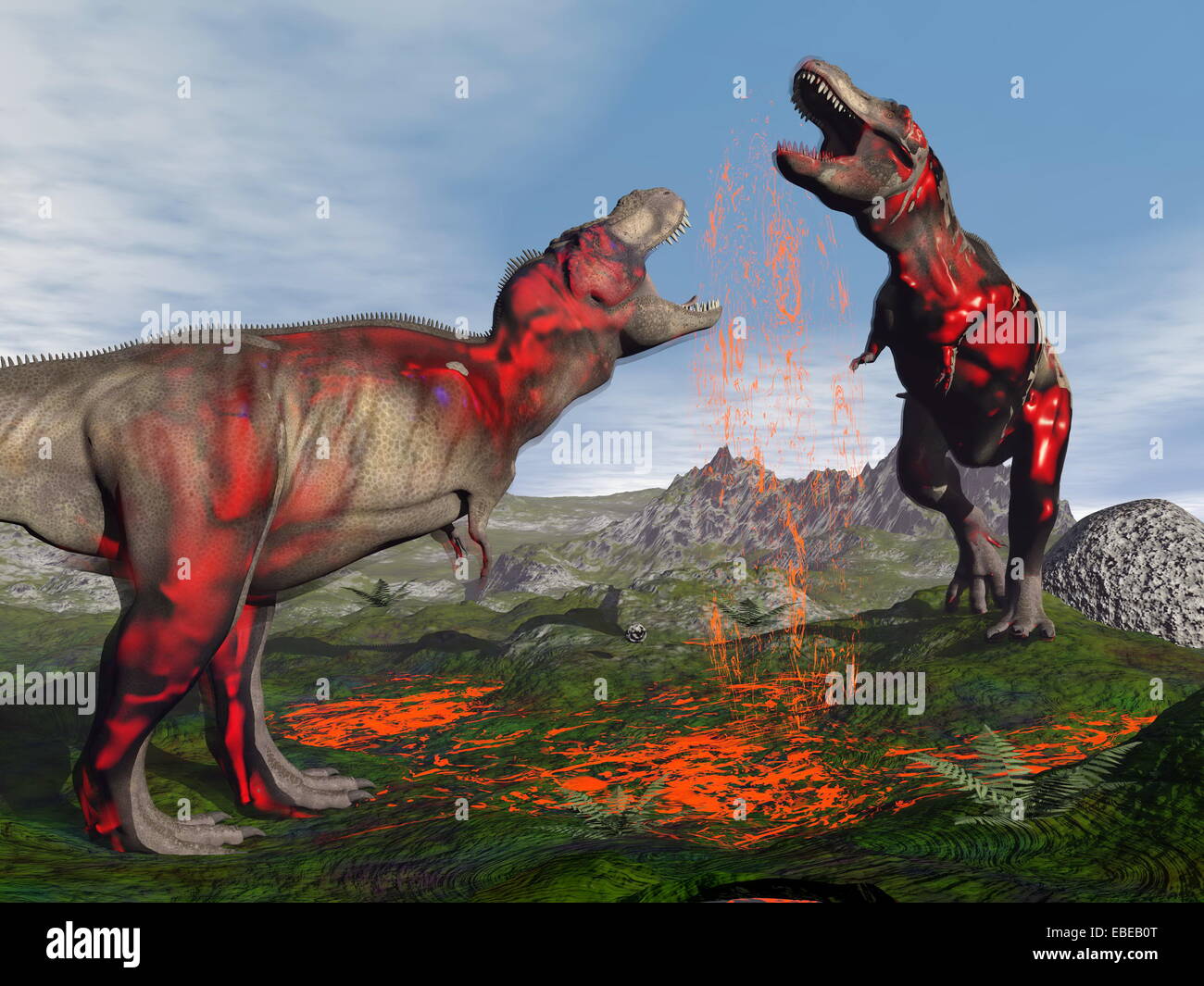Two tyrannosaurus rex dinosaurs fighting to blood in nature Stock Photo