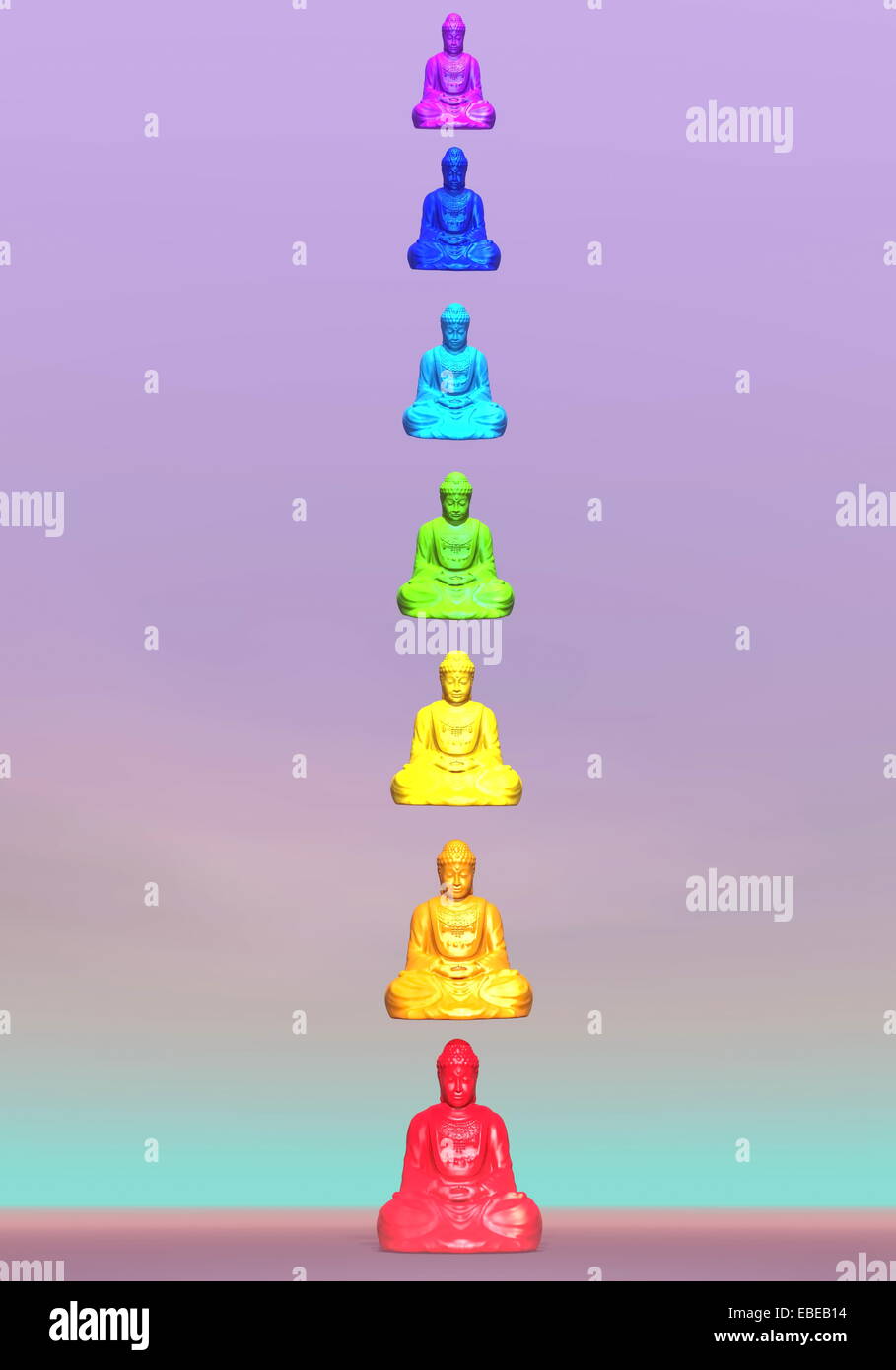 Seven colorful buddhas for chakra column in violet background Stock