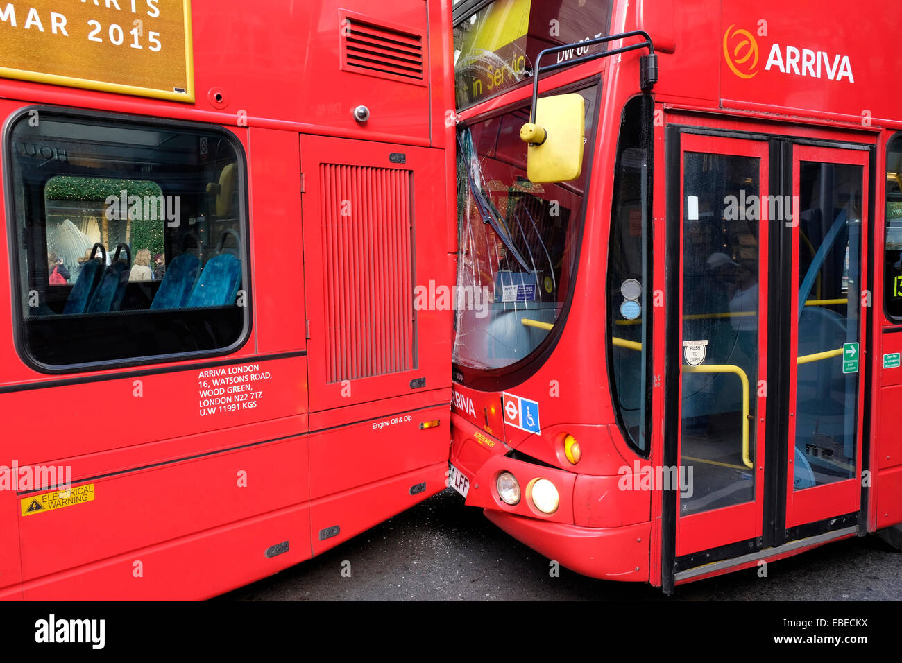 Two double decker buses collide, central London, UK Stock Photo