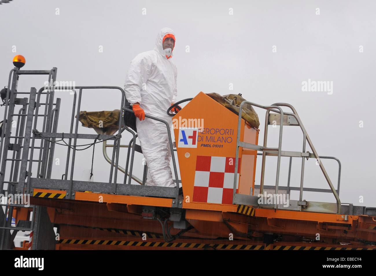 Milan Malpensa Airport (Italy), simulation for arrival of a passenger infected with the Ebola virus Stock Photo