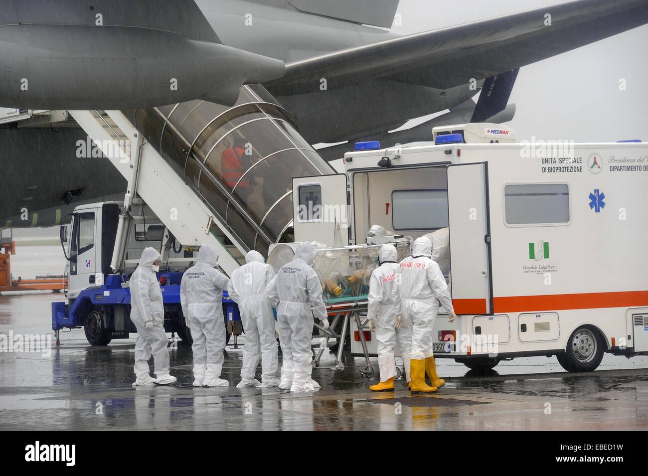 Milan Malpensa Airport (Italy), simulation of arrival with a military aicrcraft of a passenger infected by a virus Stock Photo