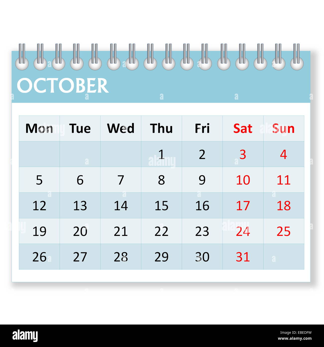 Calendar sheet for october month in white background, week starts from ...