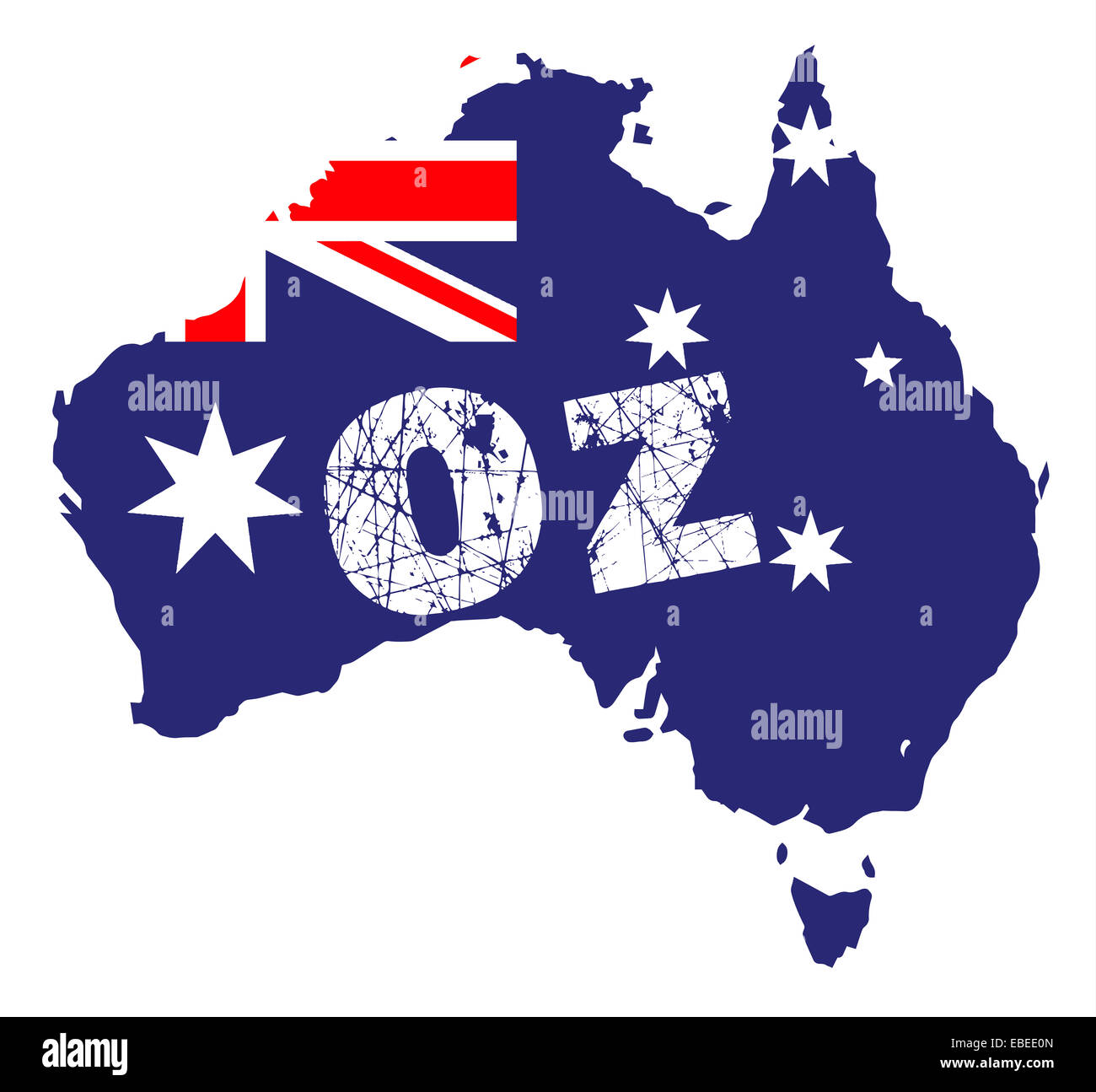 Outline map of Australia over a white background with flag inset and OZ Stock Photo