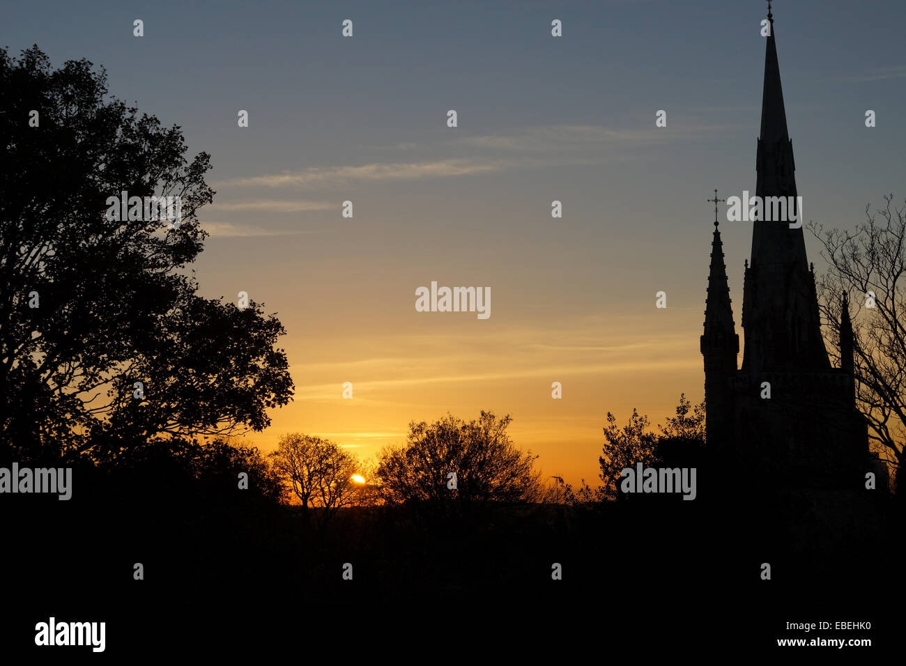 Silhouette of Our Ladye Star of the Sea, Roman Catholic Church near Greenwich Park in London, at a sunset Stock Photo