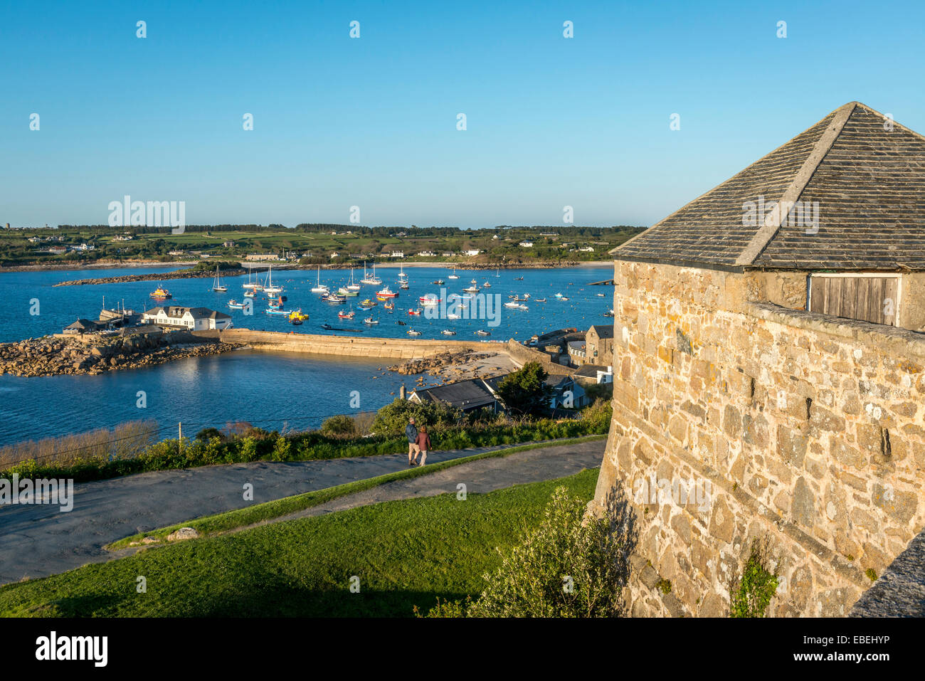 Hugh Town harbour viewed from the Garrison. St Mary's, Scilly Isles