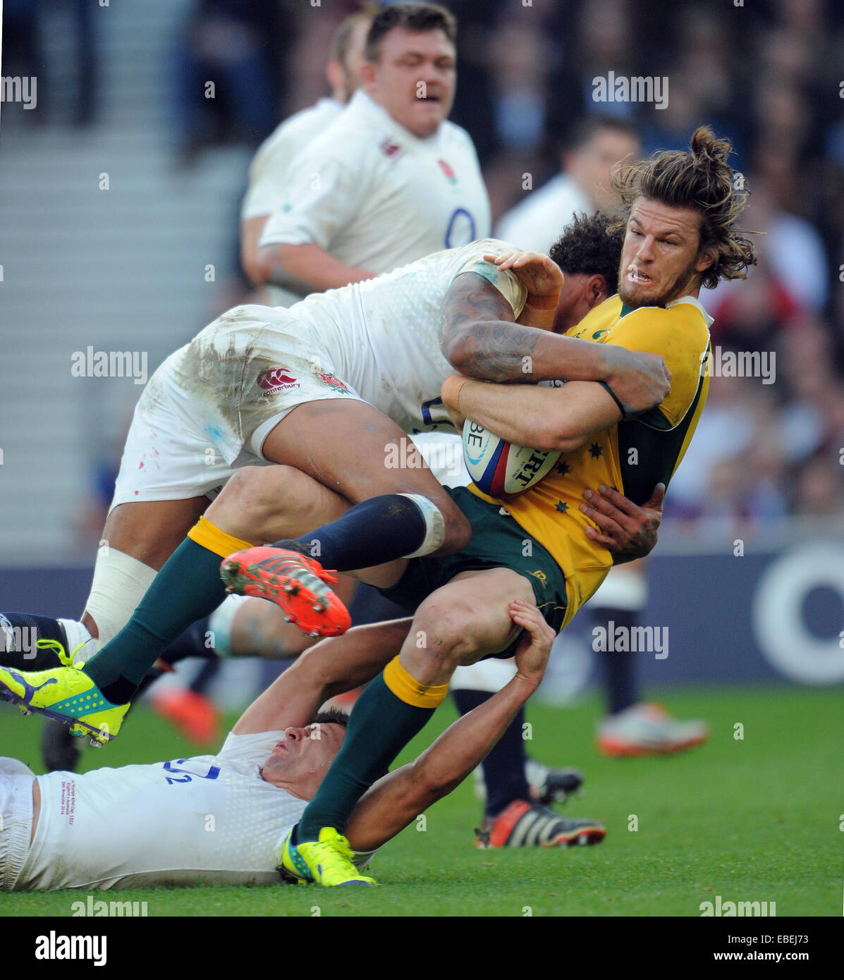 Twickenham, London, UK. 29th November, 2014. England Rob Horne Tackeld By Courtney Lawes, Ben Youngs England V Australia England V Australia, Qbe Autumn International 2014 Twickenham, London, England 29 November 2014 Qbe Autumn International, 29/11/2014 Credit:  Allstar Picture Library/Alamy Live News Stock Photo