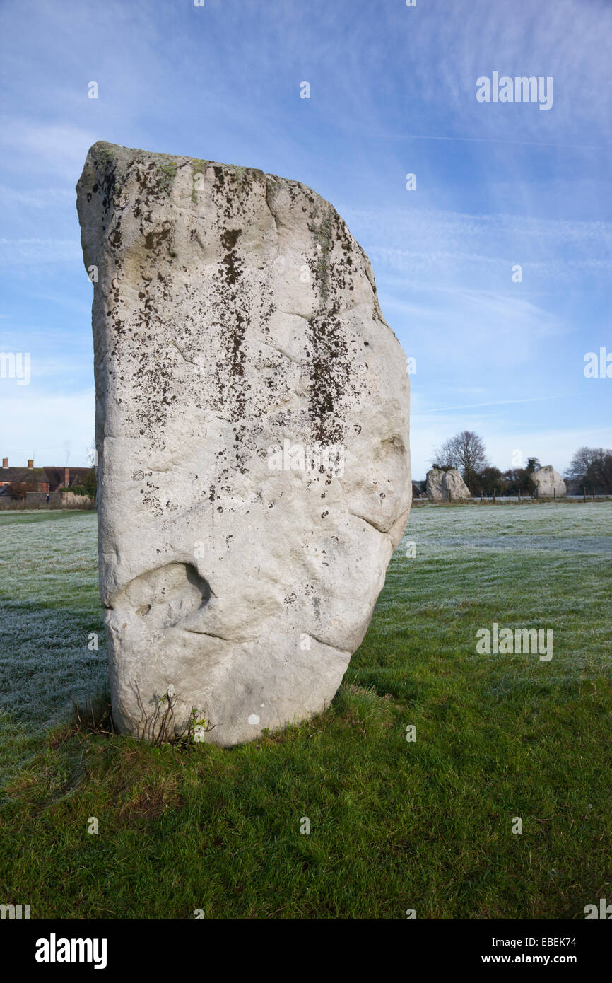 Close up of Neolithic Standing stone at Avebury during a frosty winter morning, Wiltshire, England, UK Stock Photo