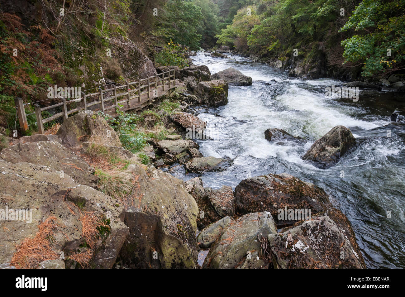 The Afon (river) Glaslyn as it passes through the Aberglaslyn Pass near Beddgelert in Snowdonia, North Wales. Stock Photo