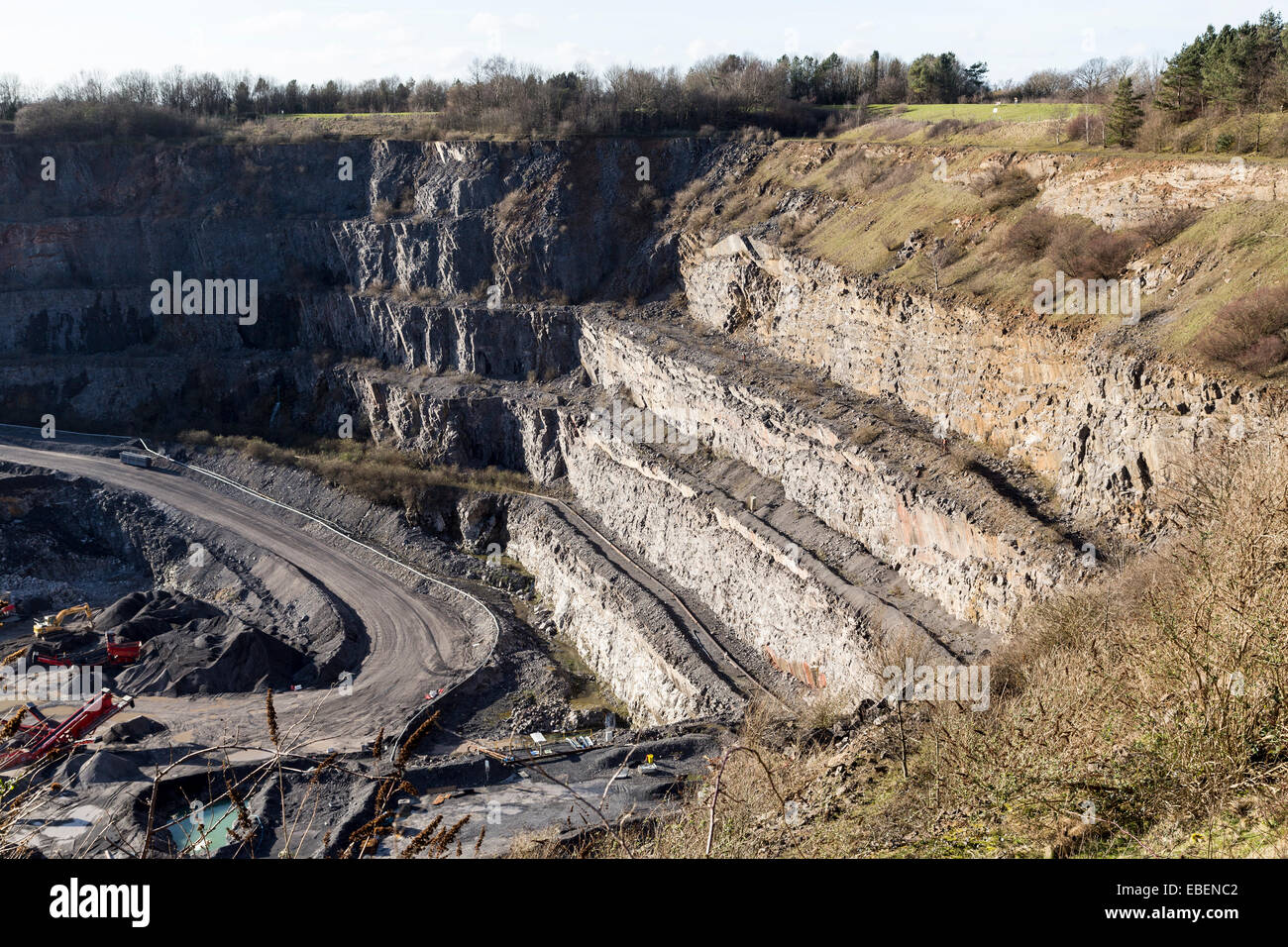 Benches in working Lafarge Tarmac quarry, Somerset, England