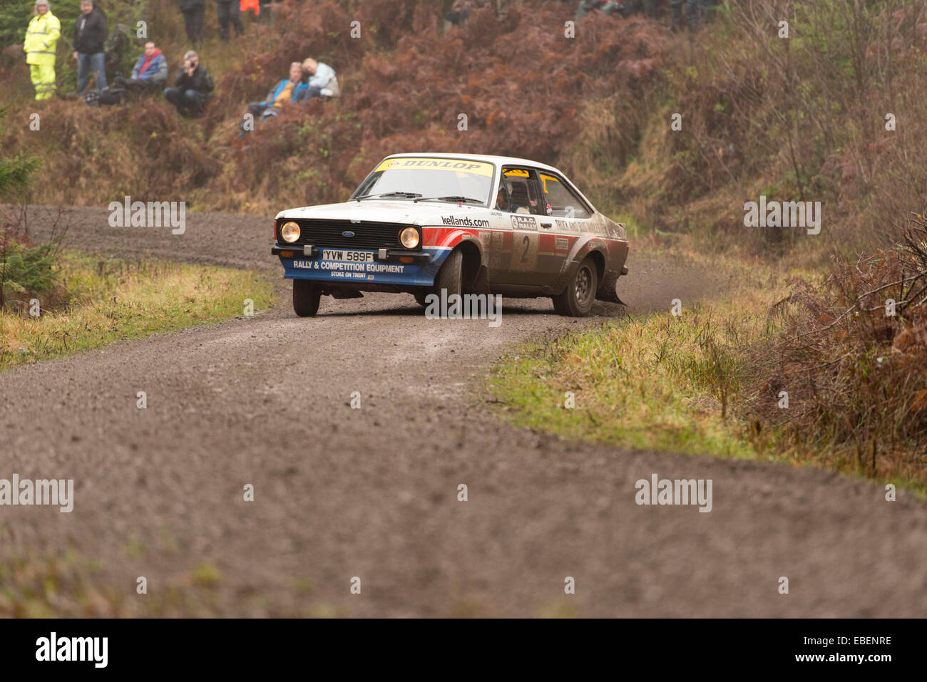 Competitor No 2 Nick Elliott and Dave Priceon Stage 7 of the RAC Rally in Hamsterley Forest Stock Photo