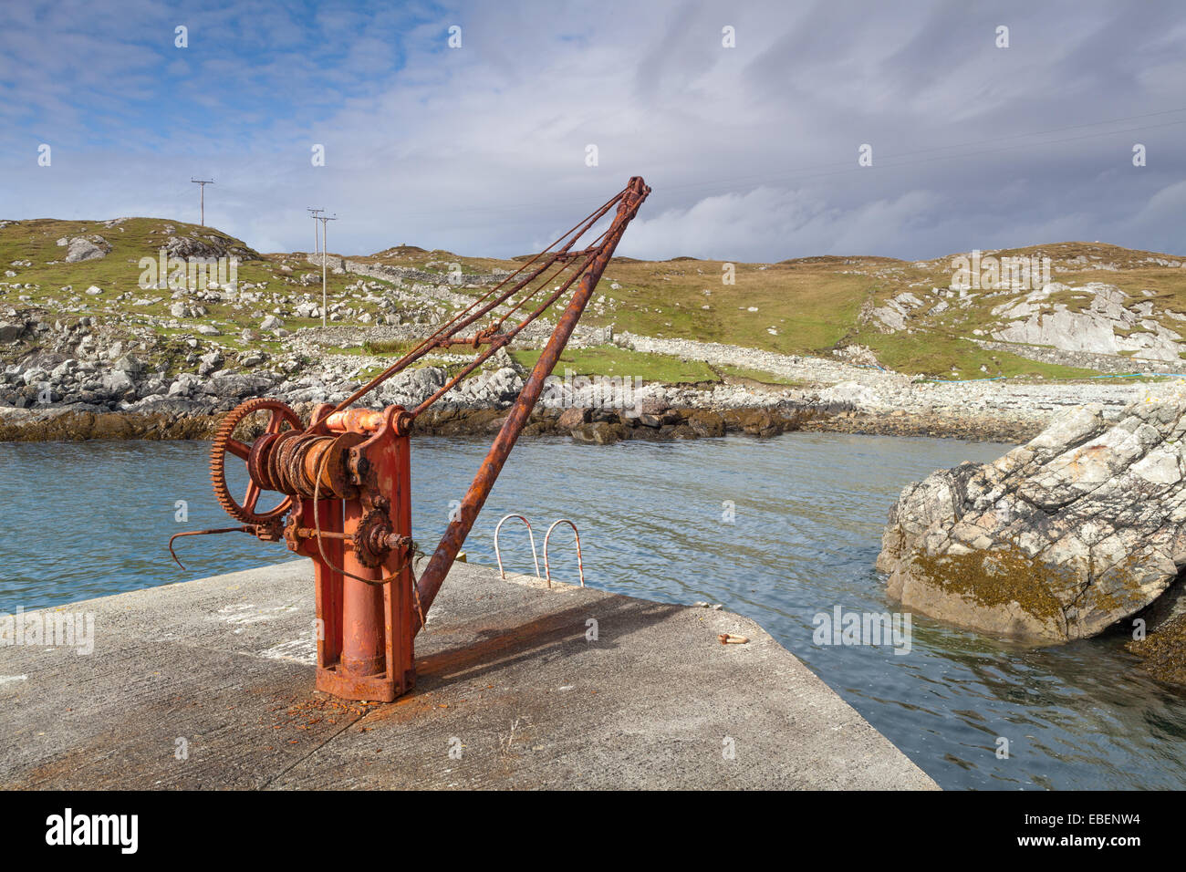 Harbour crane for Eilean Glas Lighthouse, Scalpay, Outer Hebrides, Scotland. Stock Photo