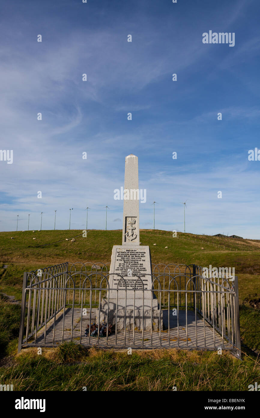 Memorial to the yacht Lolaire, which sank following it colliding with the Beasts of Holm rocks by Stornoway, Isle of Lewis, Outer Hebrides, Scotland. Stock Photo