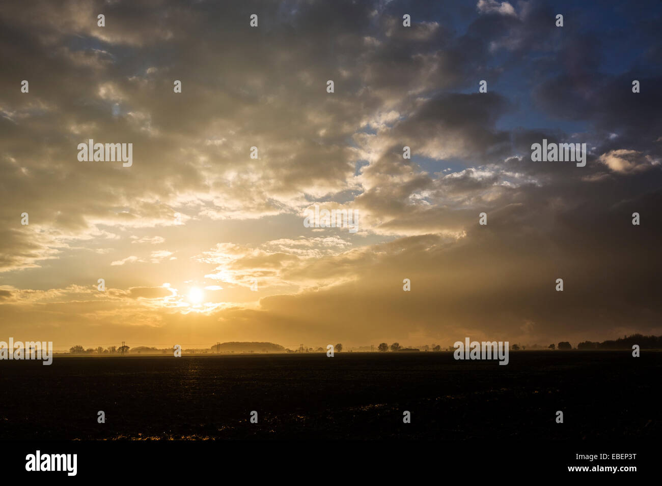 Sunset over fields near Goole, Humberside, England, UK Stock Photo