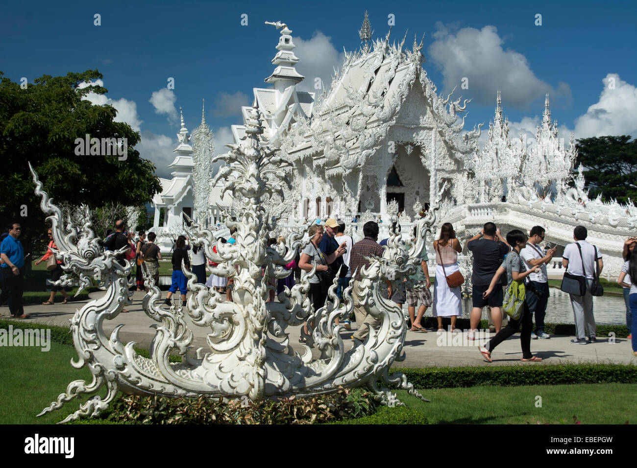 The beautiful White Temple, Wat Rong Khun, near Chiang Rai, Thailand, showing signs of damage due to the May 2014 earthquake. Stock Photo