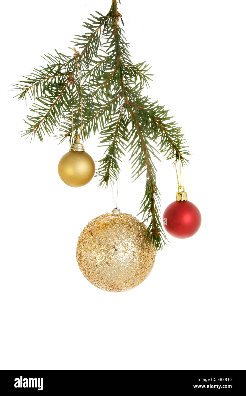 Bauble decorations hanging in a Christmas tree Stock Photo