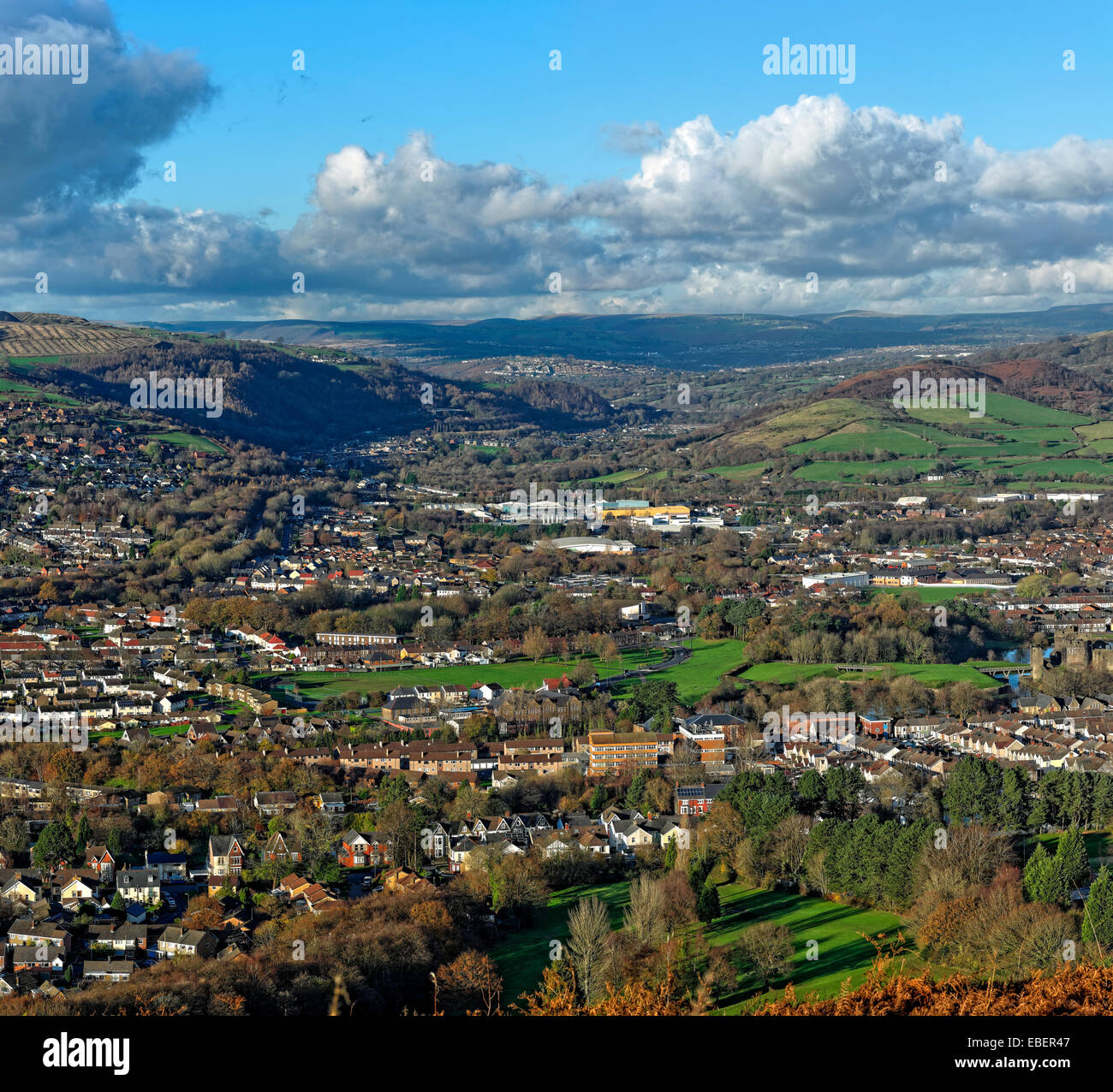 View of a town nestled in a river valley, typical of the mining towns of the South Wales Valleys Stock Photo