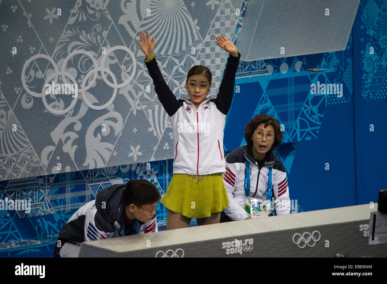 Yuna Kim (KOR) in the kiss and cry area after competing in the the