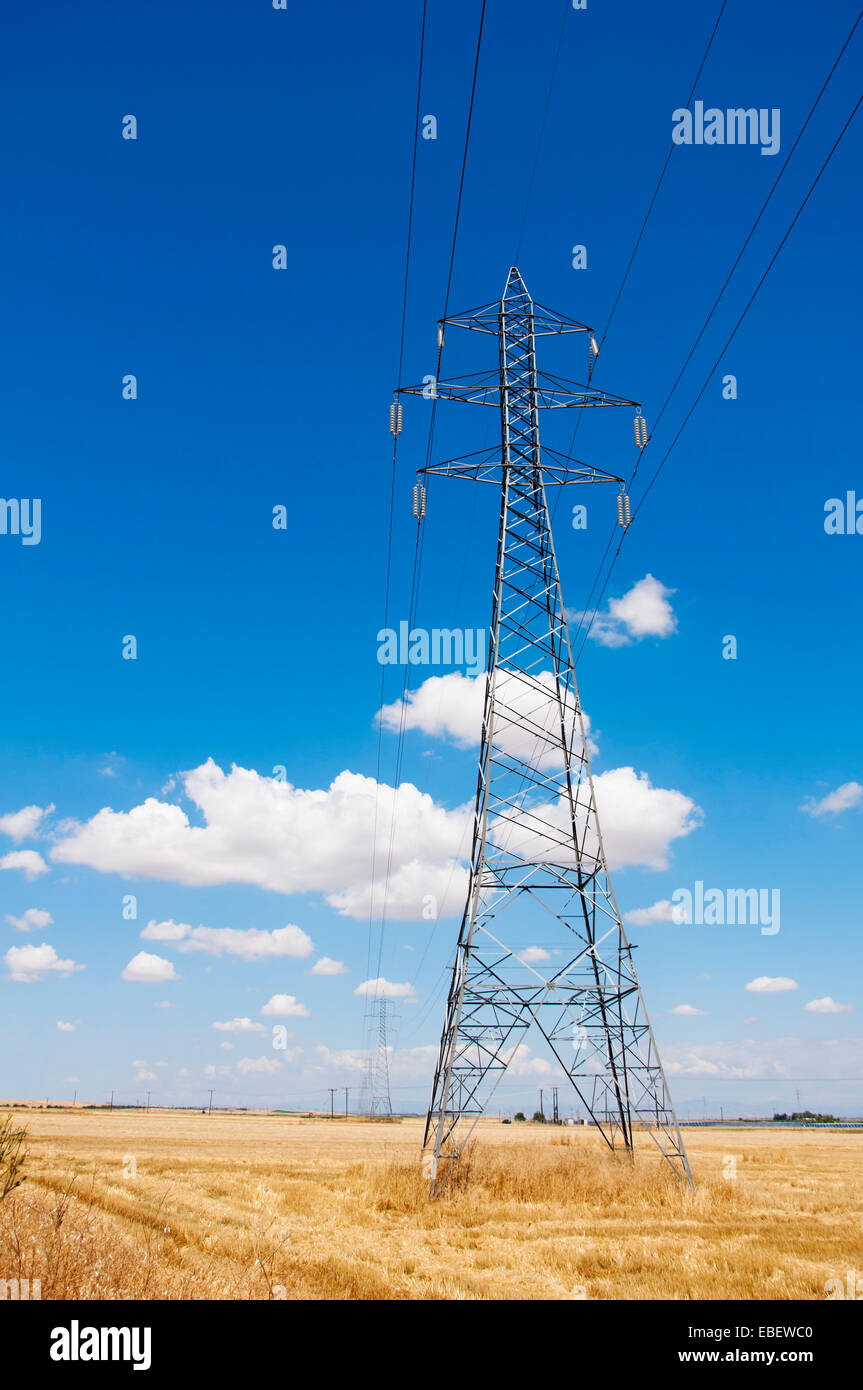 High-voltage power line in Thessaly, Greece Stock Photo