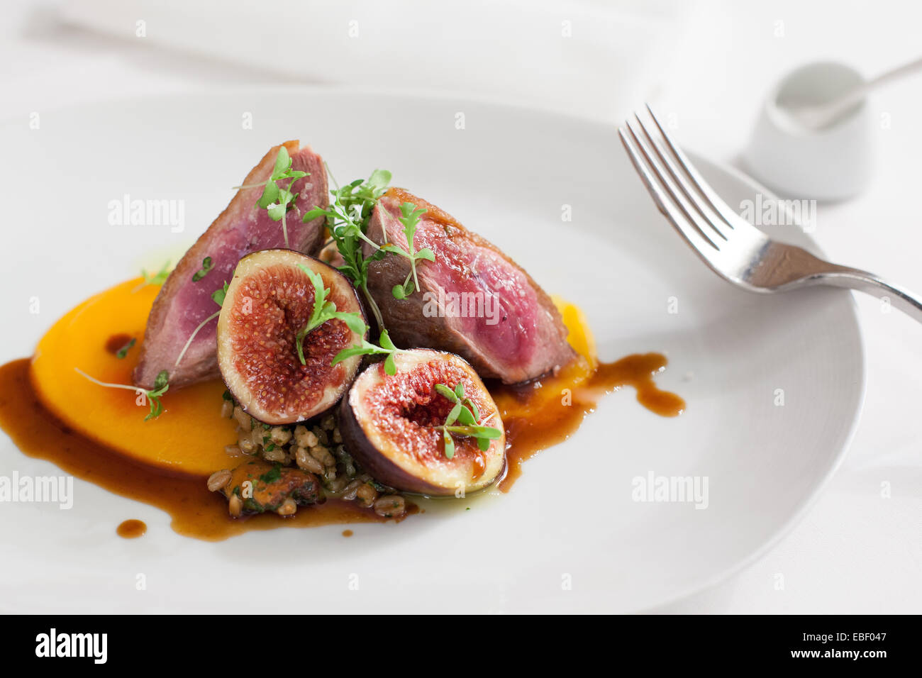 Duck and fig entree in high end resturant Stock Photo