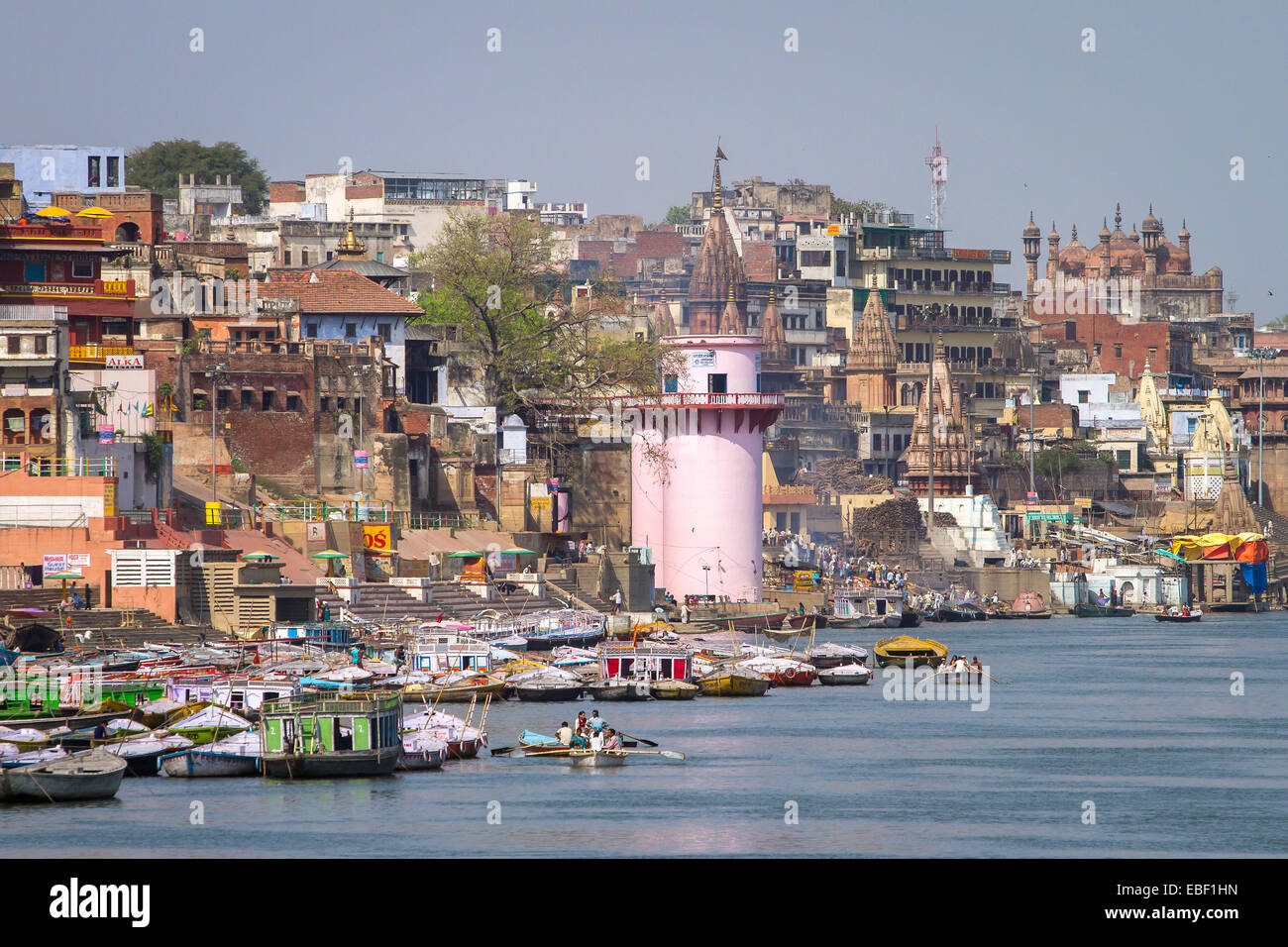 Ghats on the banks of Ganges river in holy city of Varanasi on March 21, 2013 in Varanasi, Uttar Pra Stock Photo