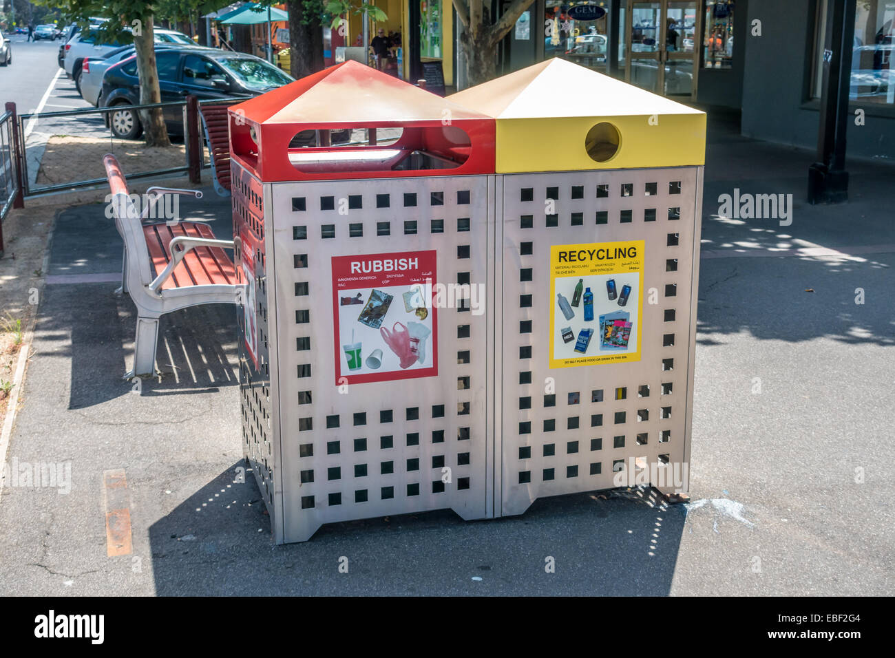 Modern rubbish and recycling town bins in Sunbury, Victoria, Australia