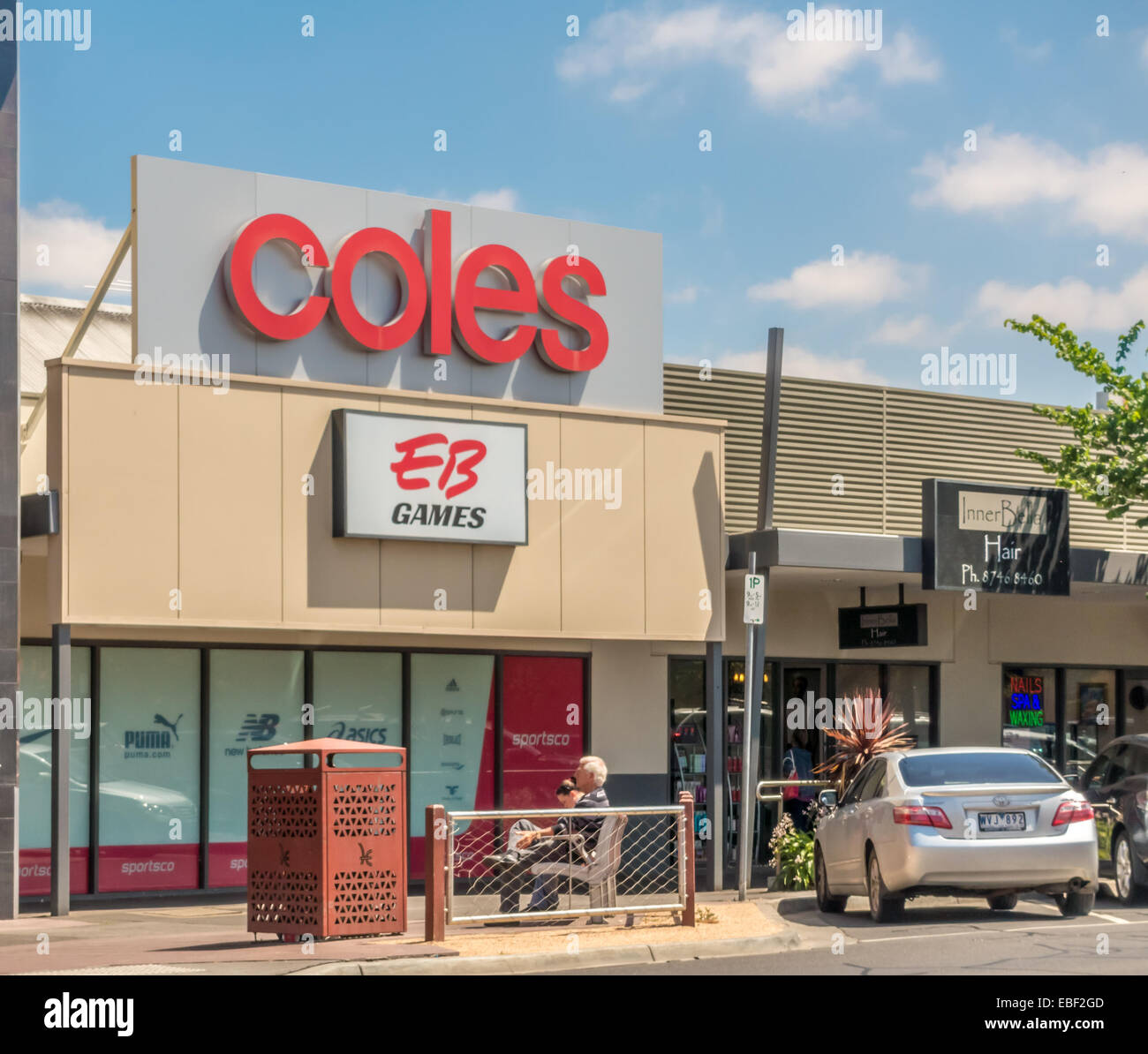 Coles and EB store signs in Sunbury, Victoria, Australia Stock Photo
