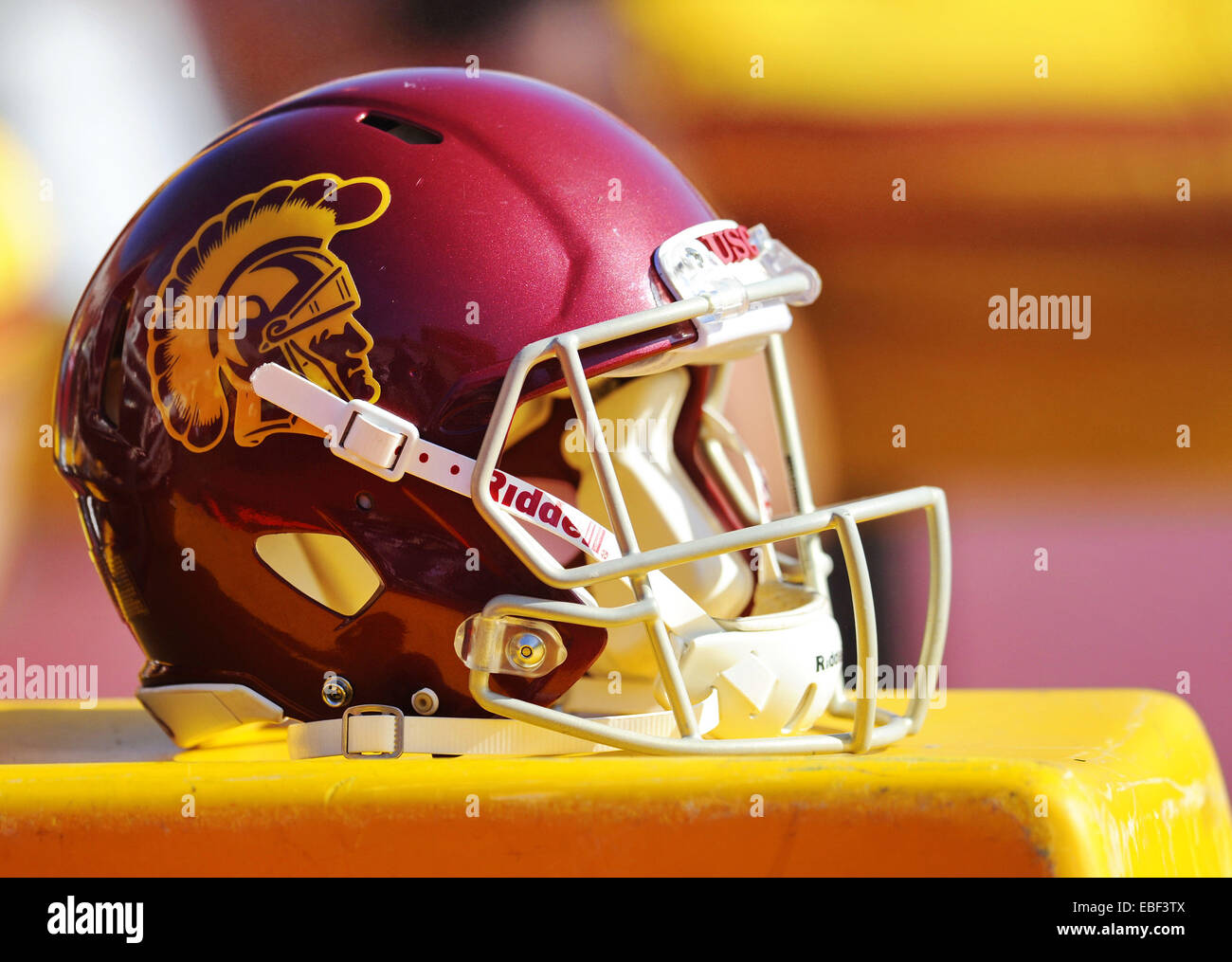 November 29 2014. A helmet of the USC Trojans sits on the sidelines ...