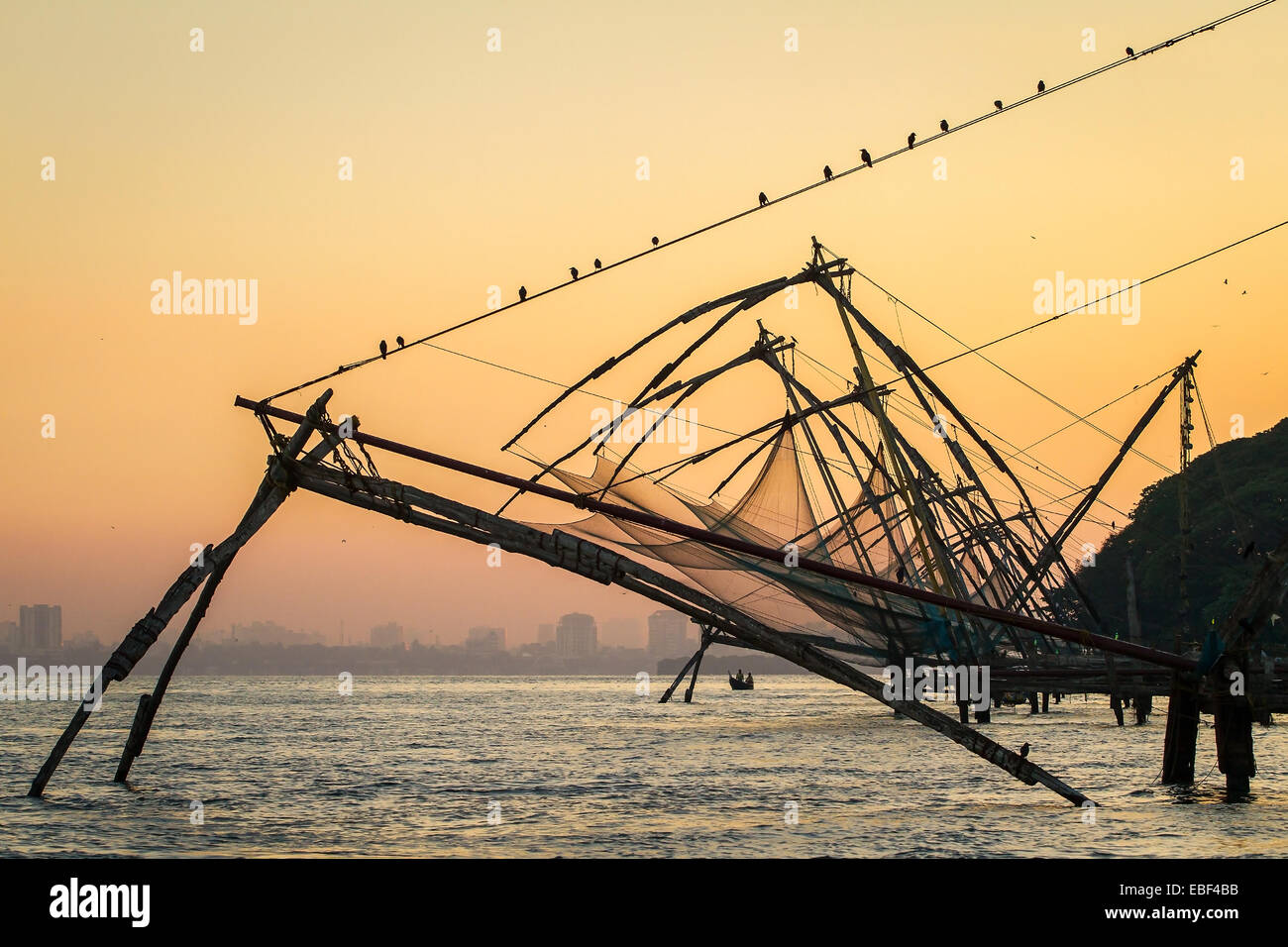 Chinese fishing net at sunrise in Cochin (Fort Kochi), Kerala, India