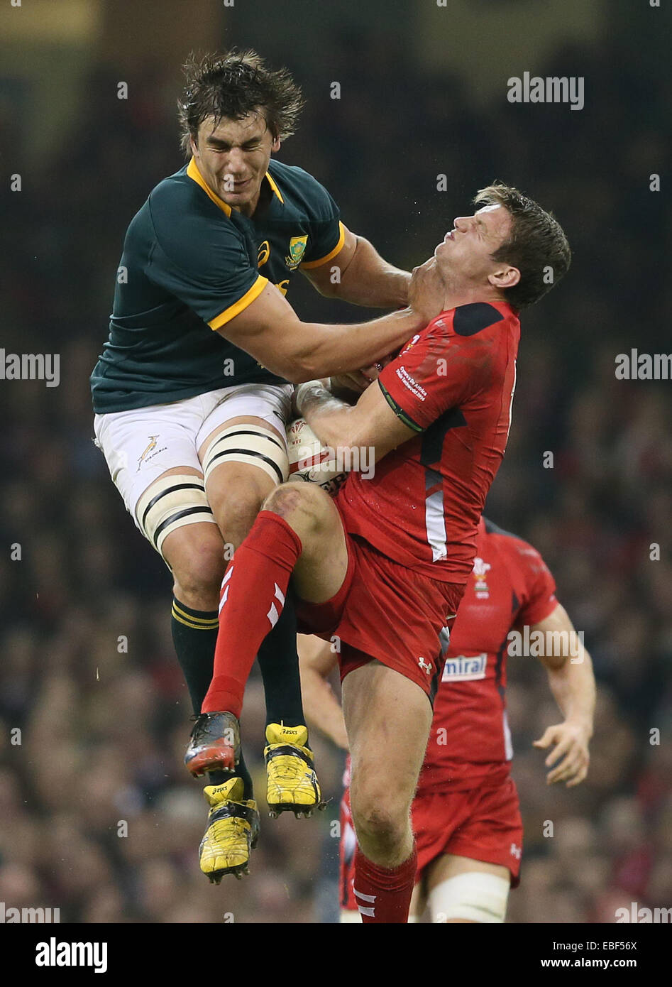 Cardiff, UK. 29th Nov, 2014. Dan Biggar of Wales is pushed by Eben Etzebeth of South Africa mid air - Autumn Internationals - Wales vs South Africa - Millennium Stadium - Cardiff - Wales - 29th November 2014 - Picture Simon Bellis/Sportimage. Credit:  csm/Alamy Live News Stock Photo