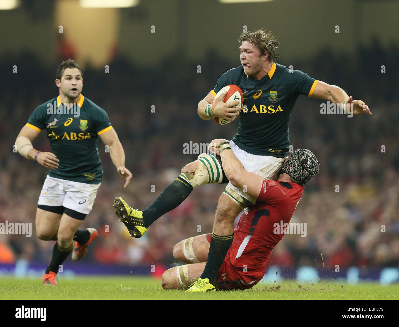 Cardiff, UK. 29th Nov, 2014. Duane Vermeulen of South Africa tackled by Dan Lydiate of Wales - Autumn Internationals - Wales vs South Africa - Millennium Stadium - Cardiff - Wales - 29th November 2014 - Picture Simon Bellis/Sportimage. Credit:  csm/Alamy Live News Stock Photo