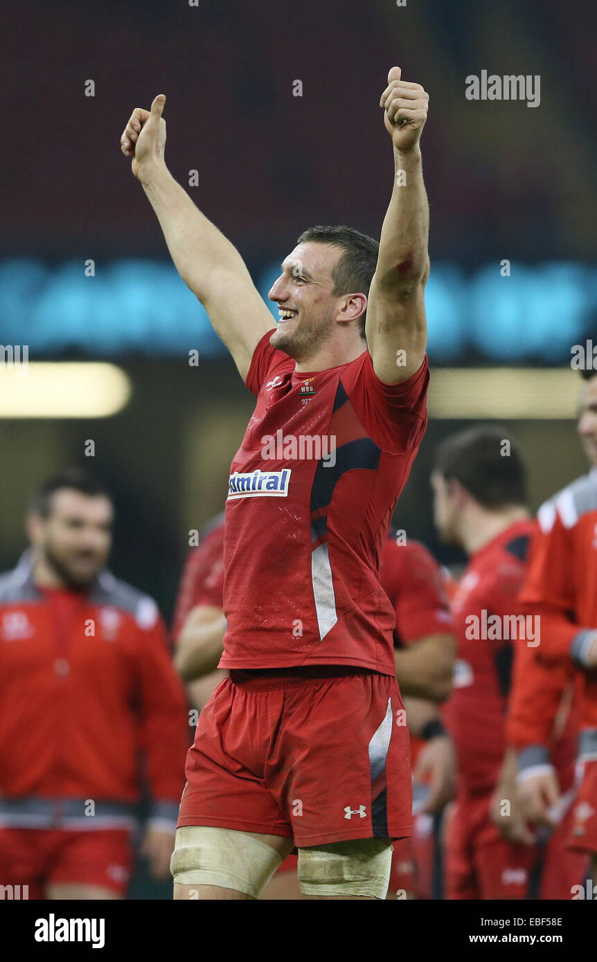 Cardiff, UK. 29th Nov, 2014. Sam Warburton of Wales celebrates the win against a southern Hemisphere side - Autumn Internationals - Wales vs South Africa - Millennium Stadium - Cardiff - Wales - 29th November 2014 - Picture Simon Bellis/Sportimage. Credit:  csm/Alamy Live News Stock Photo