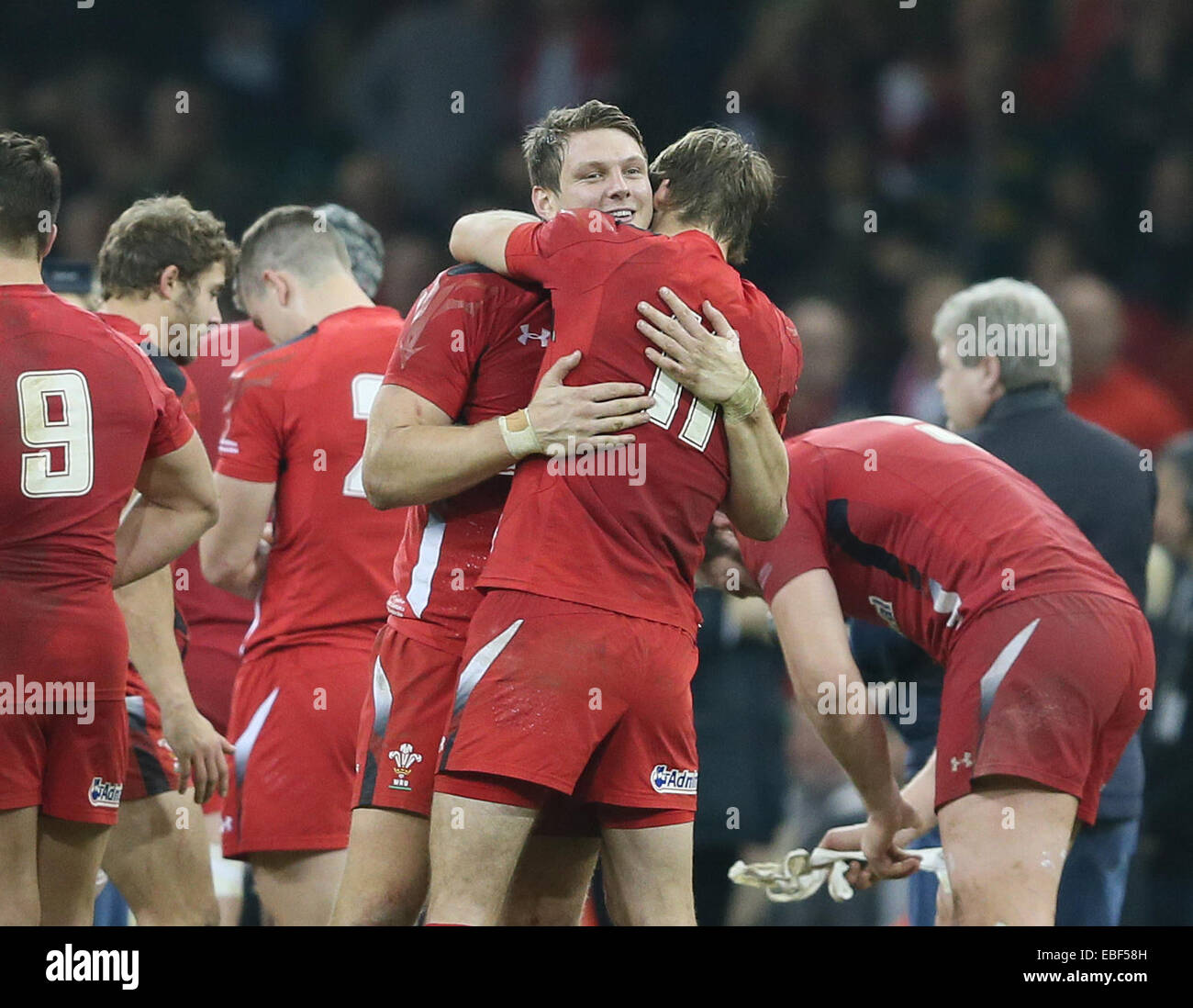 Cardiff, UK. 29th Nov, 2014. Man of the match Dan Biggar of Wales celebrates with Liam Williams of Wales - Autumn Internationals - Wales vs South Africa - Millennium Stadium - Cardiff - Wales - 29th November 2014 - Picture Simon Bellis/Sportimage. Credit:  csm/Alamy Live News Stock Photo