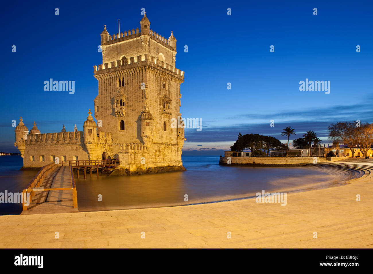 Belem Tower at night in Lisbon, Portugal. Stock Photo