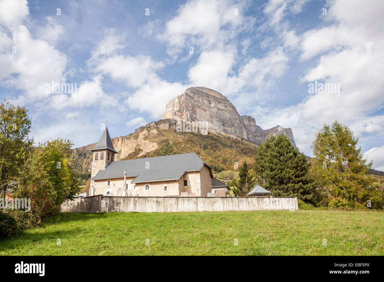 Saint Pancrasse village and Dent de Crolles peak, Parc Naturel de la Chartreusse, Isère, Rhône-Alpes, France Stock Photo