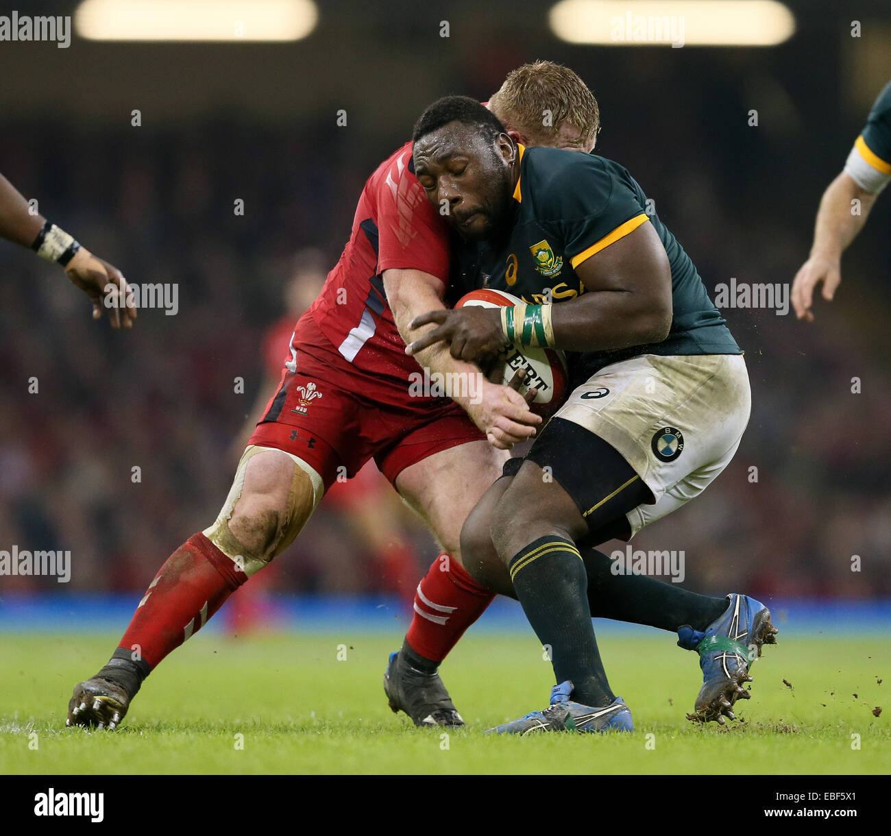 Cardiff, UK. 29th Nov, 2014. Teboho Mohoje of South Africa tackled by Samson Lee of Wales - Autumn Internationals - Wales vs South Africa - Millennium Stadium - Cardiff - Wales - 29th November 2014 - Picture Simon Bellis/Sportimage. Credit:  csm/Alamy Live News Stock Photo
