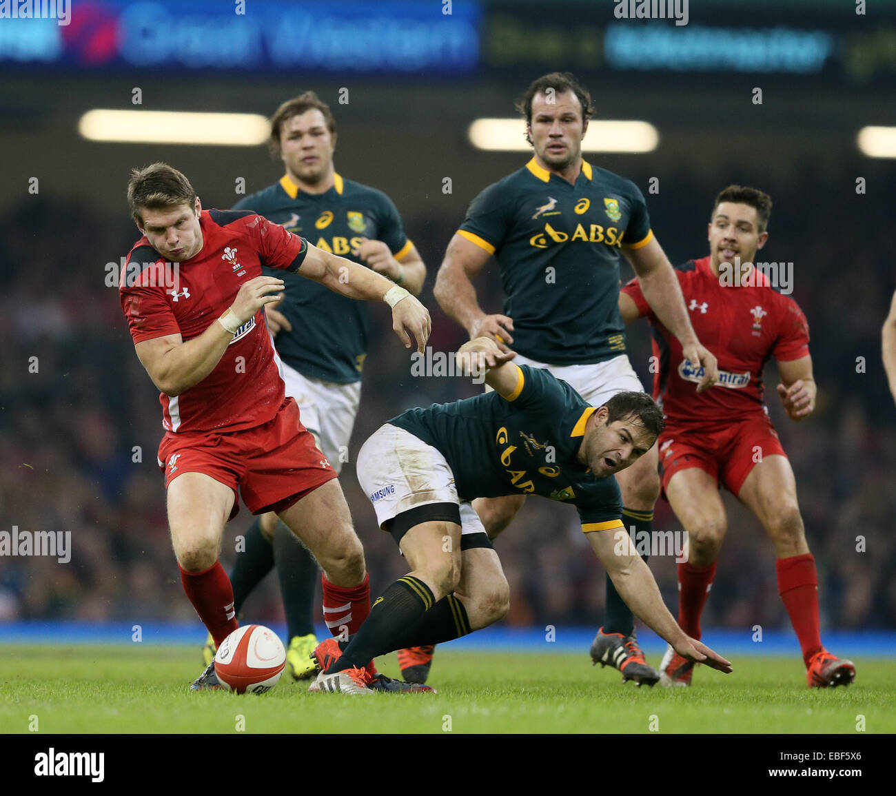 Cardiff, UK. 29th Nov, 2014. Dan Biggar of Wales pounces on a mistake by Cobus Reinach of South Africa - Autumn Internationals - Wales vs South Africa - Millennium Stadium - Cardiff - Wales - 29th November 2014 - Picture Simon Bellis/Sportimage. Credit:  csm/Alamy Live News Stock Photo