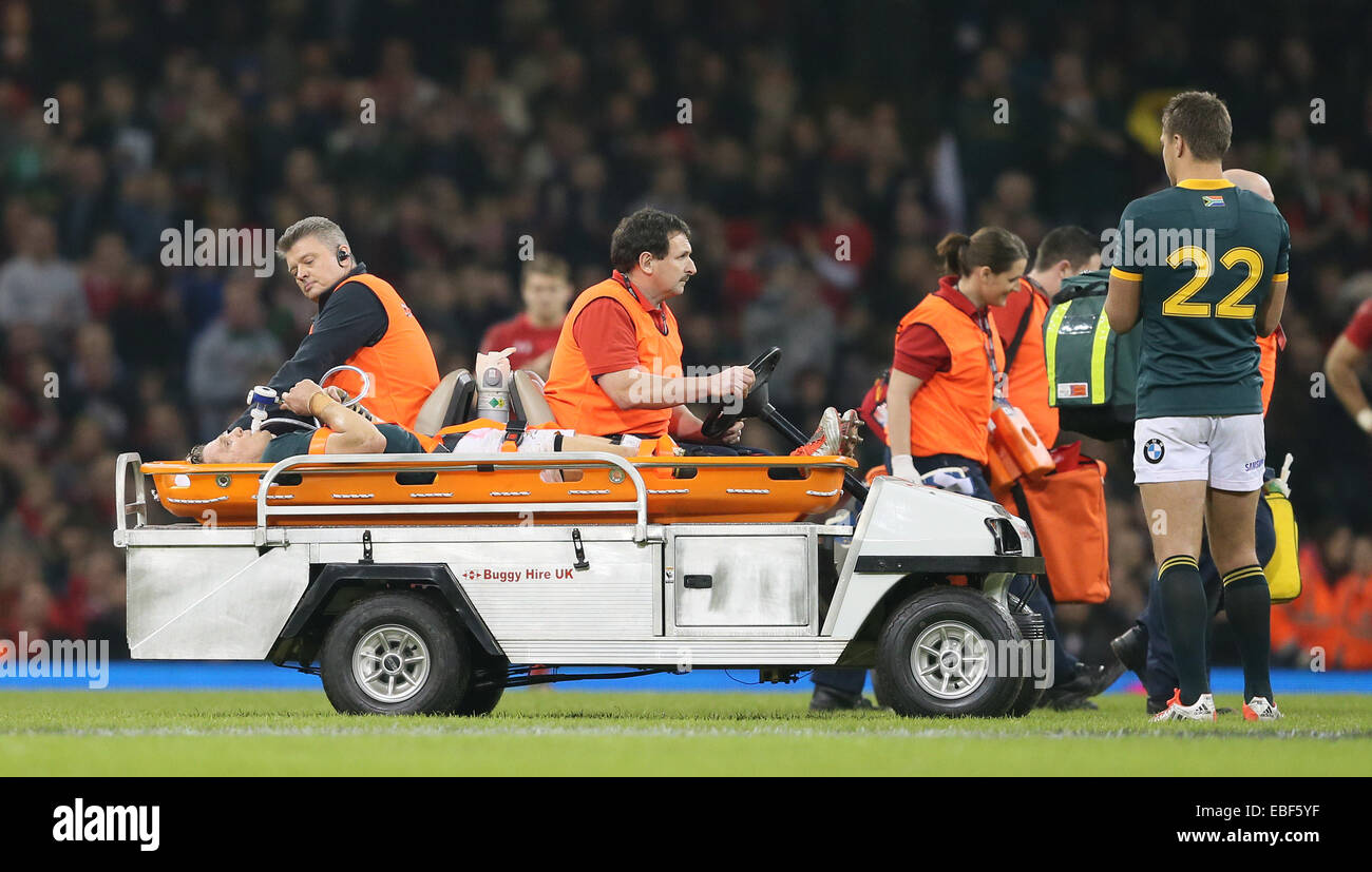 Cardiff, UK. 29th Nov, 2014. Jean De Villiers of South Africa goes off with dislocated knee - Autumn Internationals - Wales vs South Africa - Millennium Stadium - Cardiff - Wales - 29th November 2014 - Picture Simon Bellis/Sportimage. Credit:  csm/Alamy Live News Stock Photo