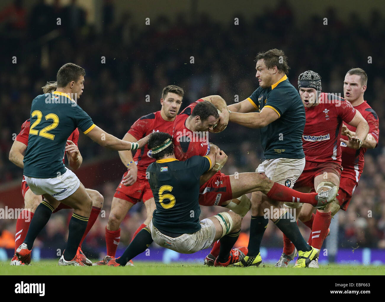 Cardiff, UK. 29th Nov, 2014. Jamie Roberts of Wales tackled by Marcell Coetzee of South Africa - Autumn Internationals - Wales vs South Africa - Millennium Stadium - Cardiff - Wales - 29th November 2014 - Picture Simon Bellis/Sportimage. Credit:  csm/Alamy Live News Stock Photo