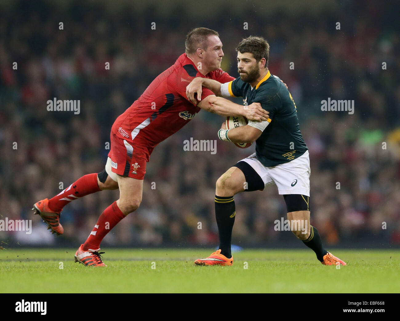 Cardiff, UK. 29th Nov, 2014. Gethin Jenkins of Wales tackles Willie le Roux of South Africa - Autumn Internationals - Wales vs South Africa - Millennium Stadium - Cardiff - Wales - 29th November 2014 - Picture Simon Bellis/Sportimage. Credit:  csm/Alamy Live News Stock Photo