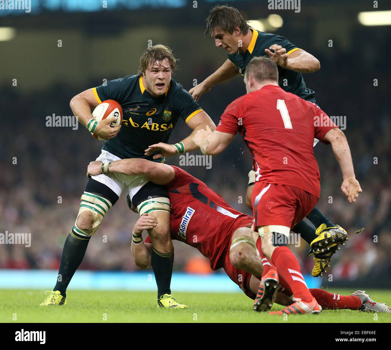 Cardiff, UK. 29th Nov, 2014. Duane Vermeulen of South Africa tackled by Dan Lydiate of Wales - Autumn Internationals - Wales vs South Africa - Millennium Stadium - Cardiff - Wales - 29th November 2014 - Picture Simon Bellis/Sportimage. Credit:  csm/Alamy Live News Stock Photo