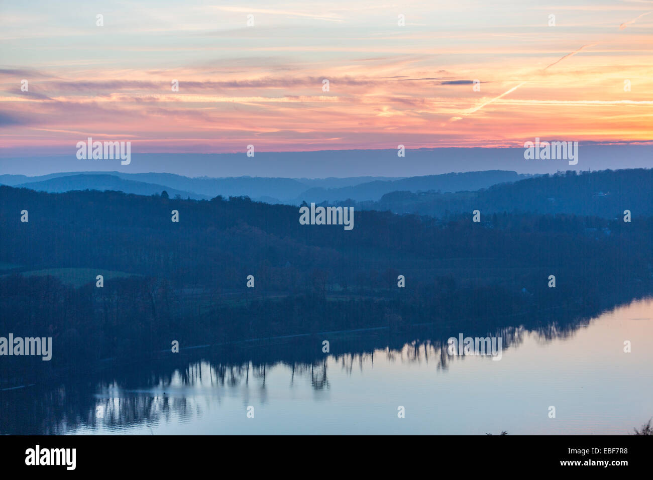 Sunset over Baldeneysee, a reservoir of River Ruhr, Stock Photo