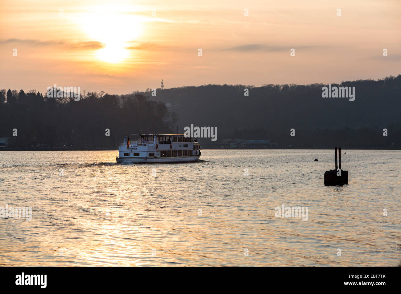 Excursion boat from the white fleet, with an autumn tour of the Essen Baldeneysee, Stock Photo