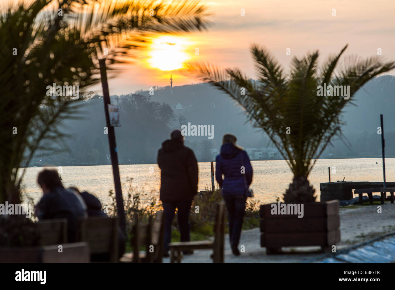 Sunset over the Baldeneysee Essen, Ruhr an artificial lake, the shores of Seaside Beach Club Stock Photo
