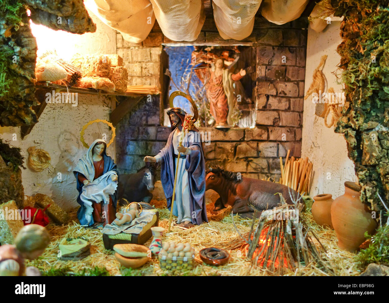 Nativity Scene of a Belen, bethlehem, Christmas Spain. crib Jesus Christ, Mary Angel, figures. Ox Cave. spanish tradition. Stock Photo