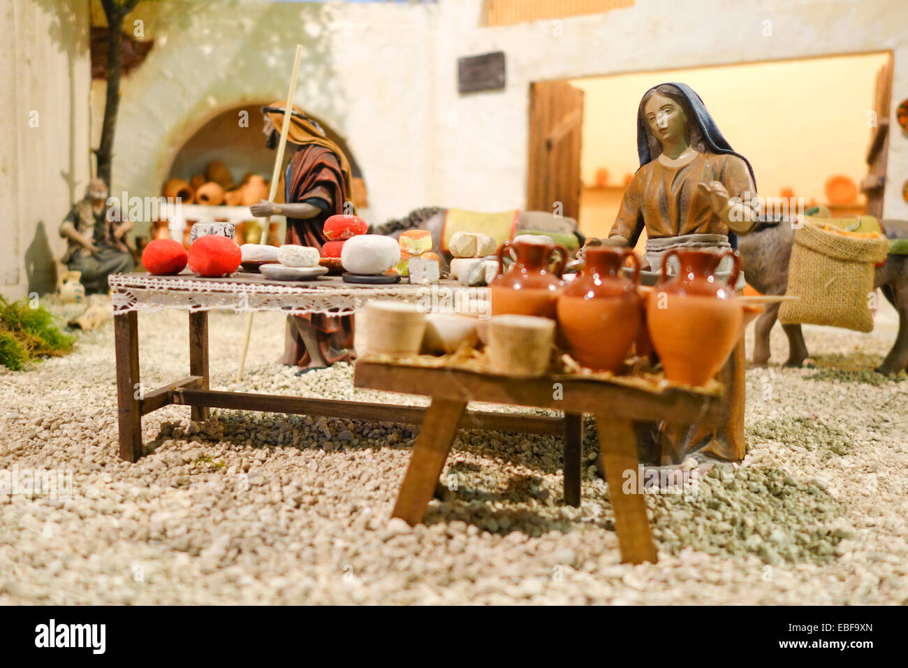 Nativity Scene of a Belen, bethlehem, Christmas Spain. Pottery vendor. Figure. pots. spanish tradition. Catholic. Stock Photo