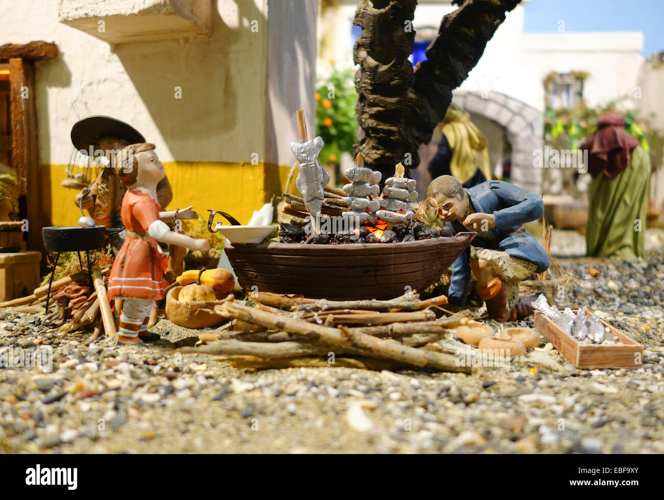 Nativity Scene of a Belen, bethlehem, Christmas Spain. Malaga espeto fisher man. figures. spanish tradition. Catholic. Stock Photo