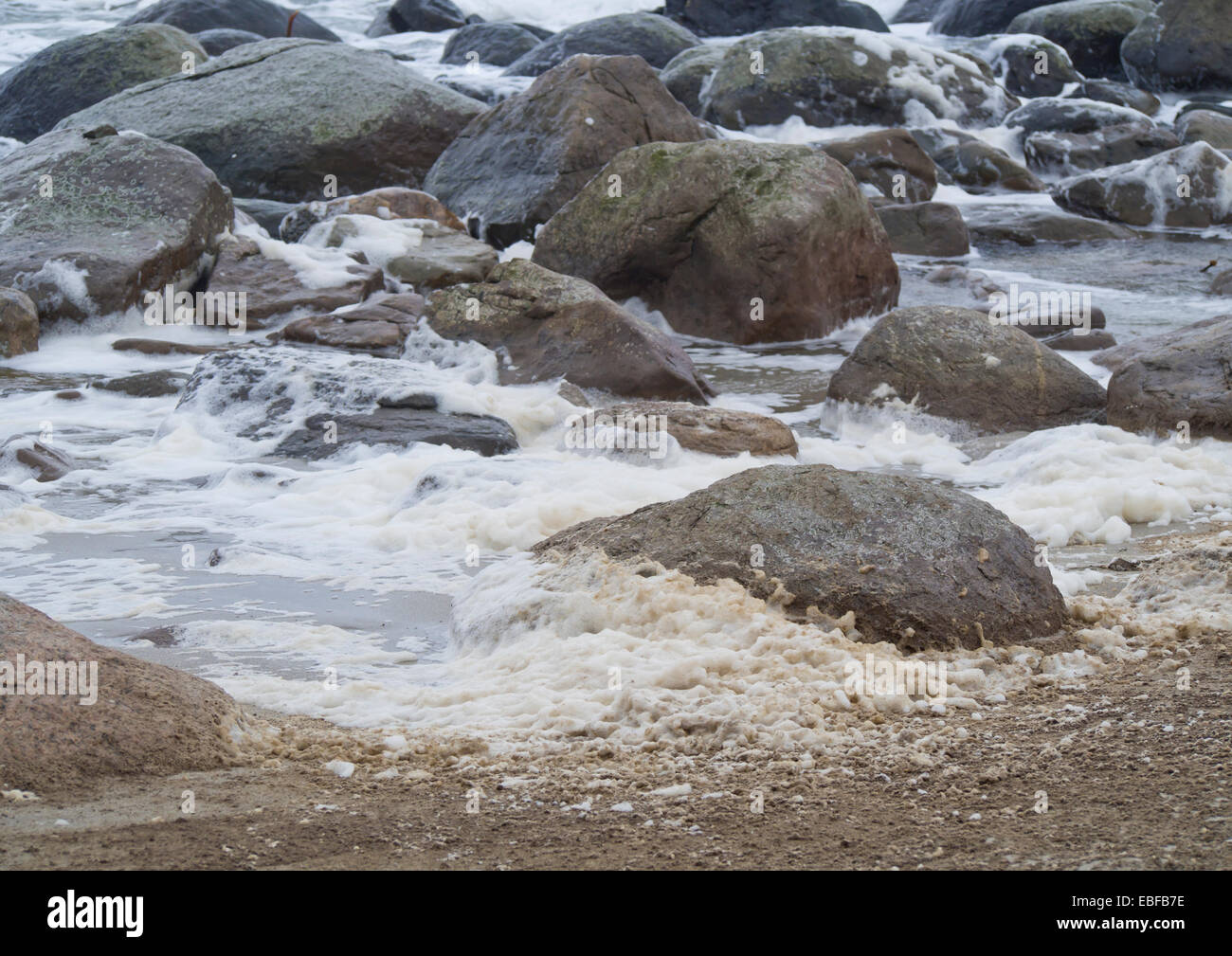 Autumn or winter storms, Jaeren on the west coast of Norway near Stavanger, waves breaking over stones and beach creating a foam layer Stock Photo